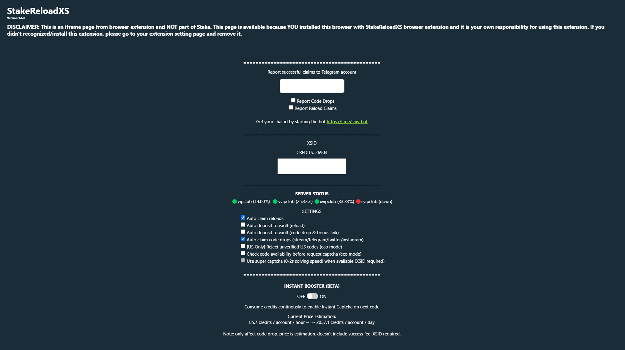 The StakeReloadXS browser extension settings page